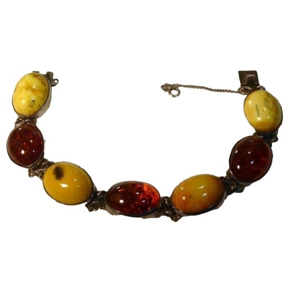 Vintage Sterling Silver & Amber Bracelet Butterscotch Egg Yolk & Honey Signed